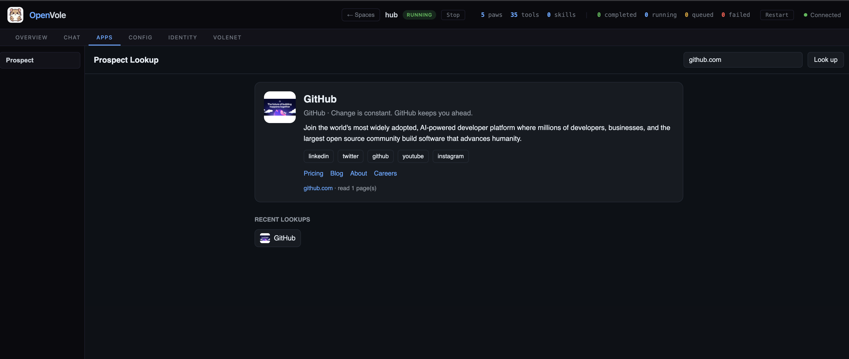 OpenVole dashboard — the Apps tab with an embedded paw panel