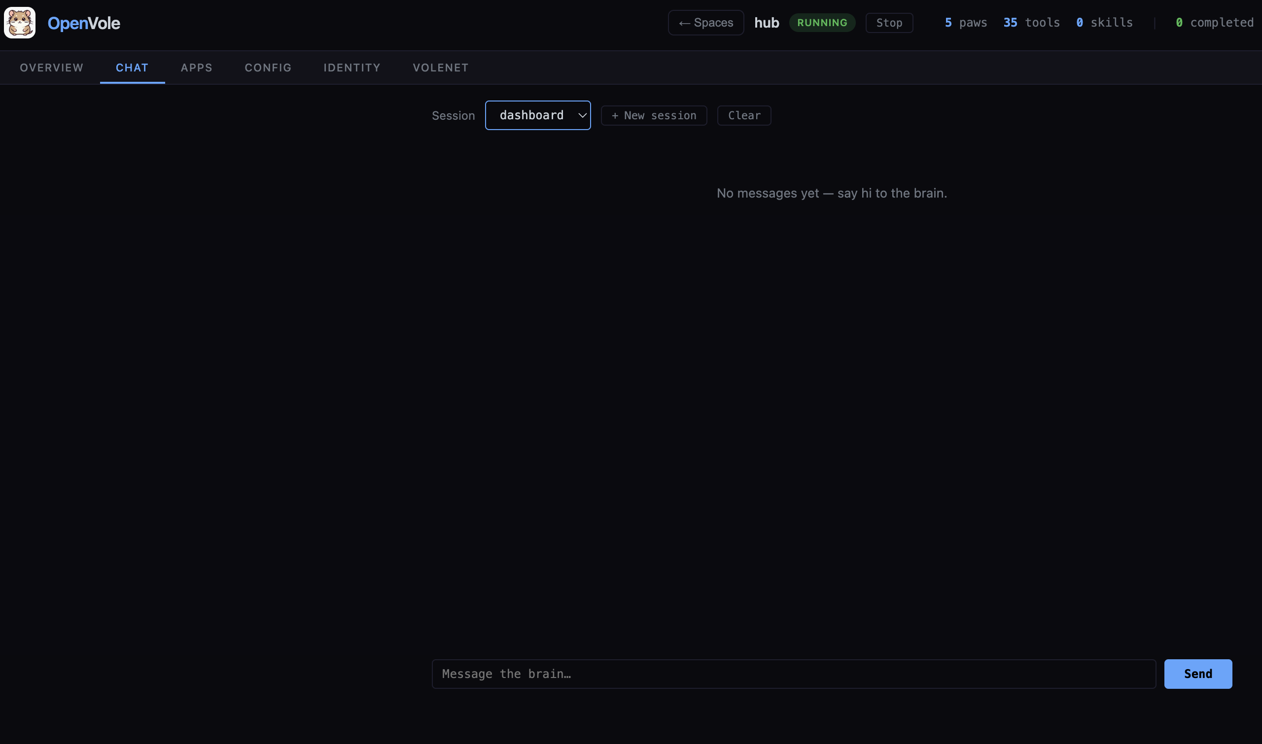 OpenVole dashboard — the Chat tab