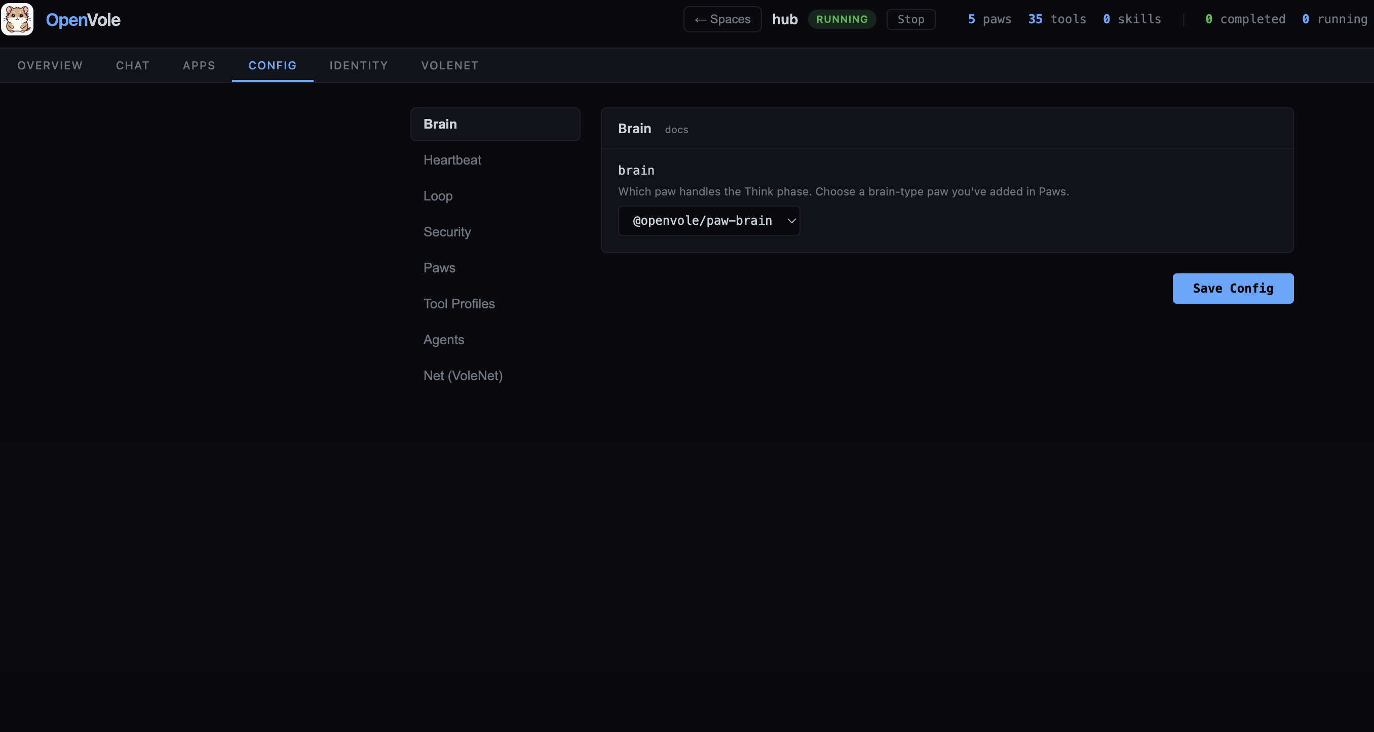 OpenVole dashboard — the Config tab
