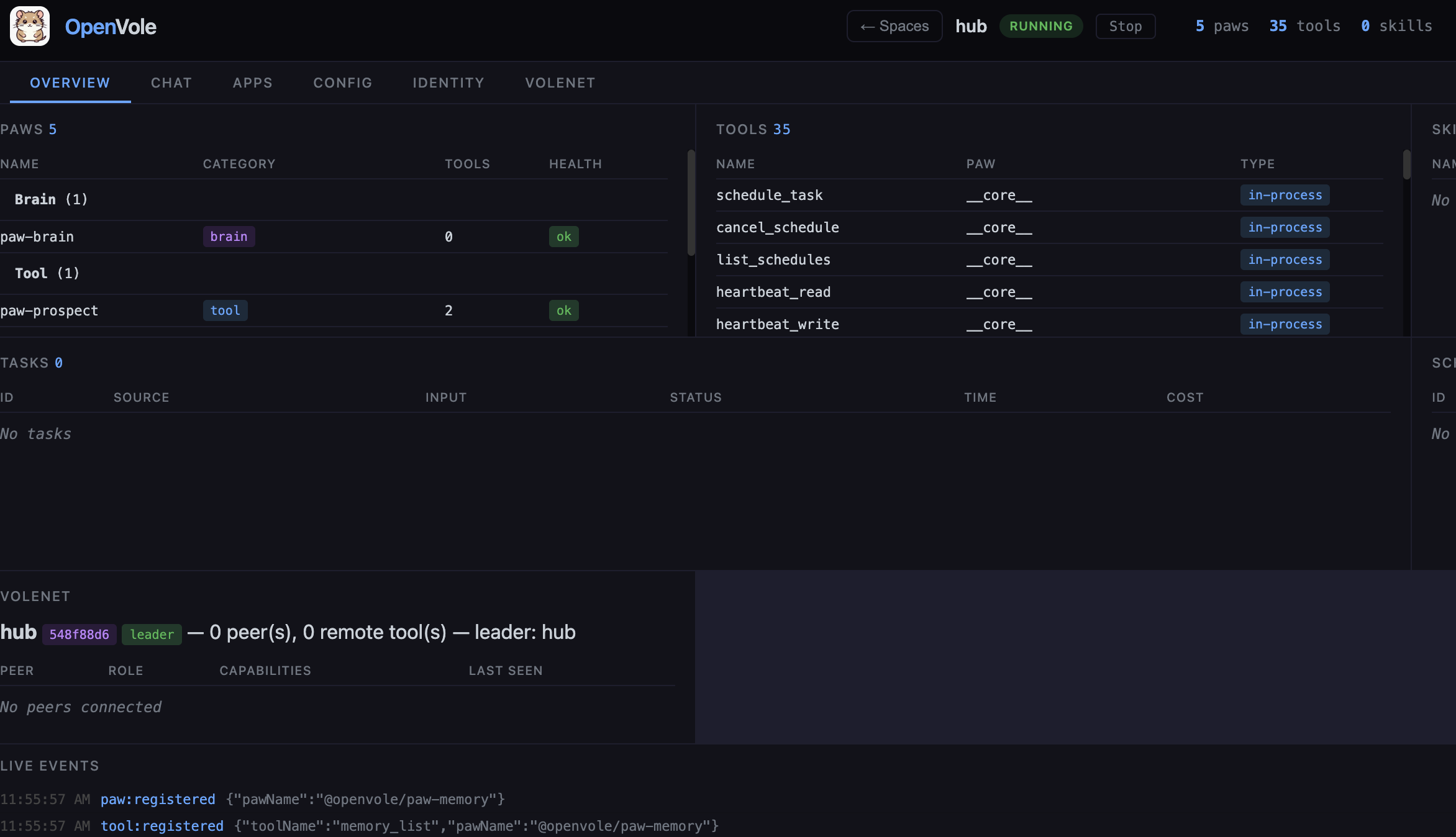 OpenVole dashboard — a running space's Overview tab