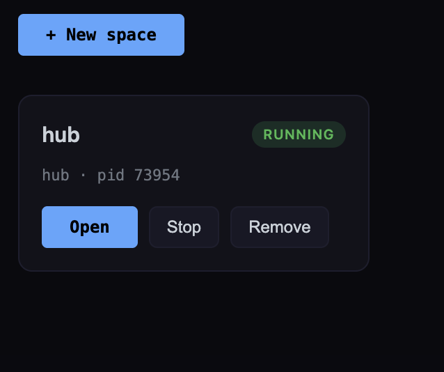 A space card showing RUNNING after Start