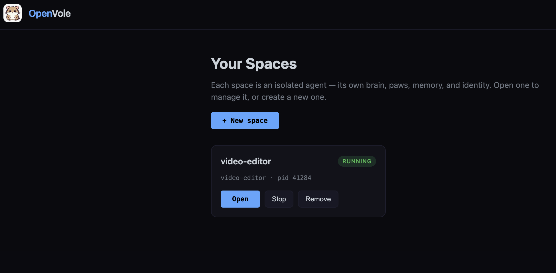 OpenVole dashboard home — the video-editor space running under vole serve