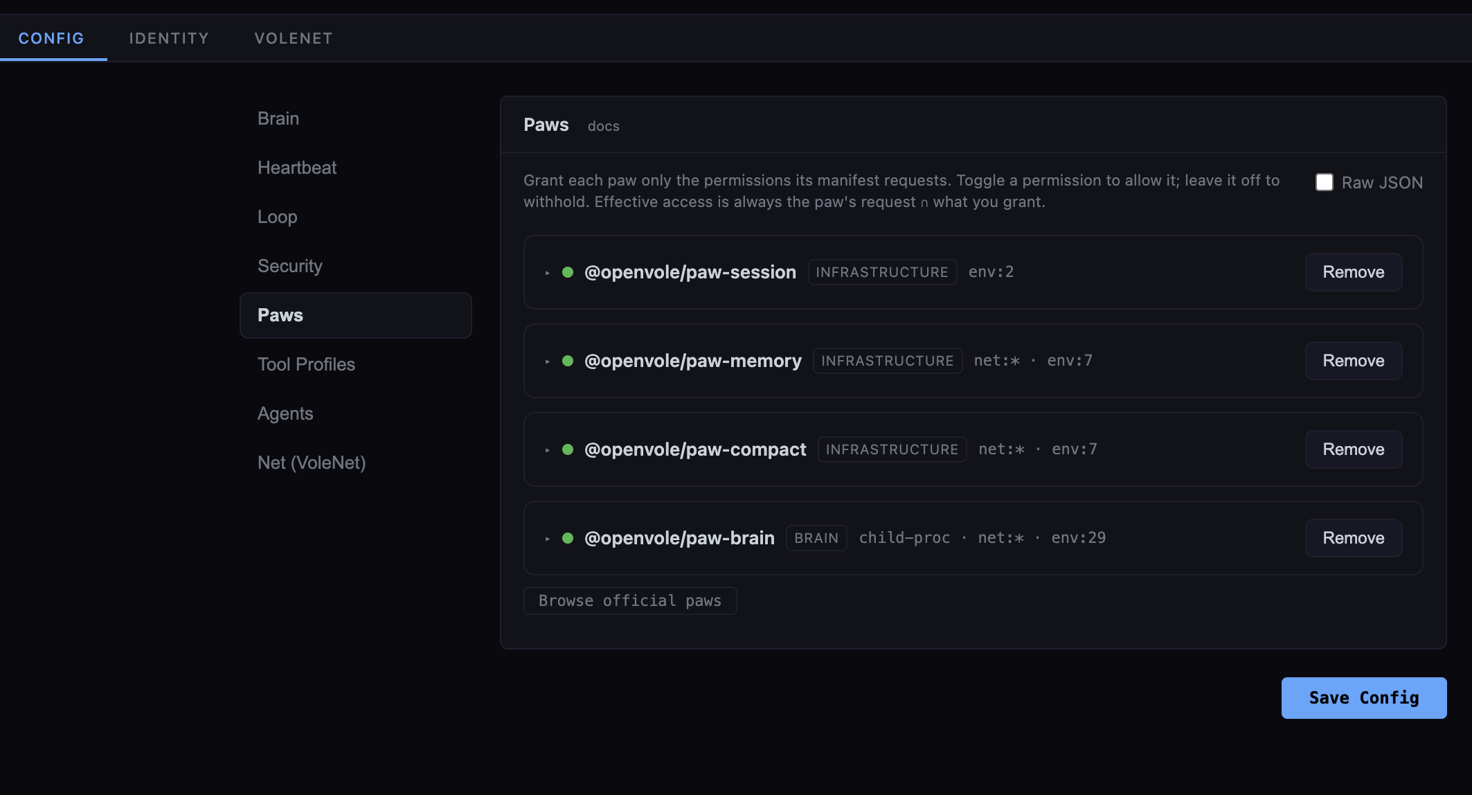 The Config tab's Paws panel — each paw's requested permissions with per-permission toggles
