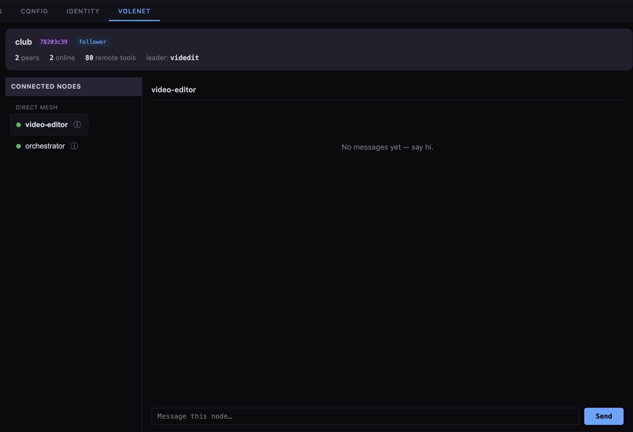 The VoleNet tab in the dashboard: two connected peers, 80 remote tools, and a self-elected leader